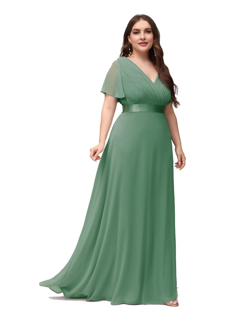 Front of a model wearing a size 14 Long Chiffon Empire Waist Bridesmaid Dress with Short Flutter Sleeves in Green Bean by Ever-Pretty. | dia_product_style_image_id:329473